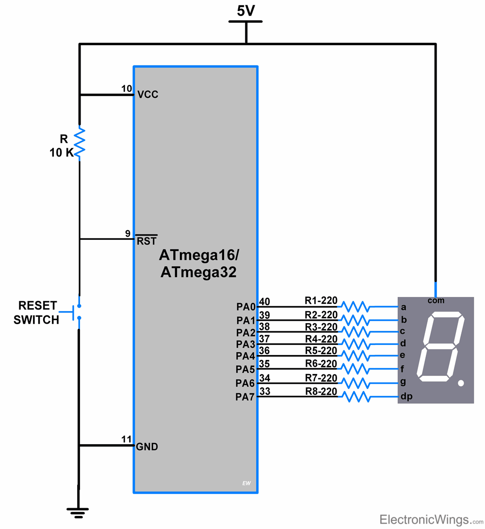 7 segment display interfacing with avr atmega16 atmega32 electronicwings schematic diagram 7 segment display digital clock