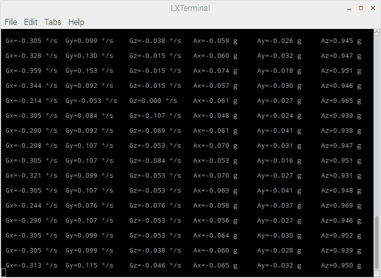 Output Window for MPU6050 data