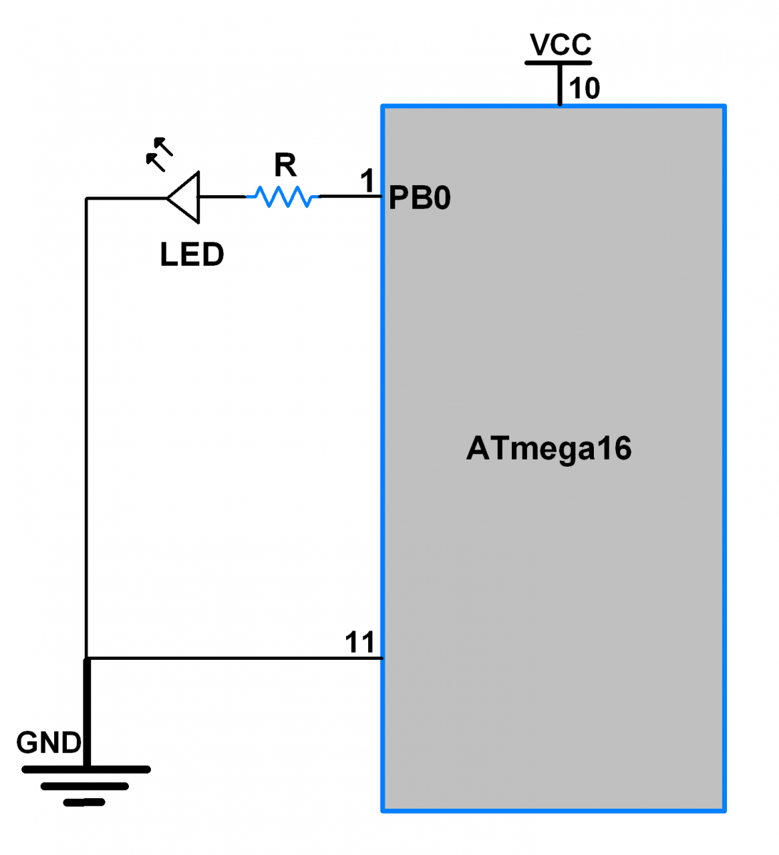 ATmega16 and LED connection diagram