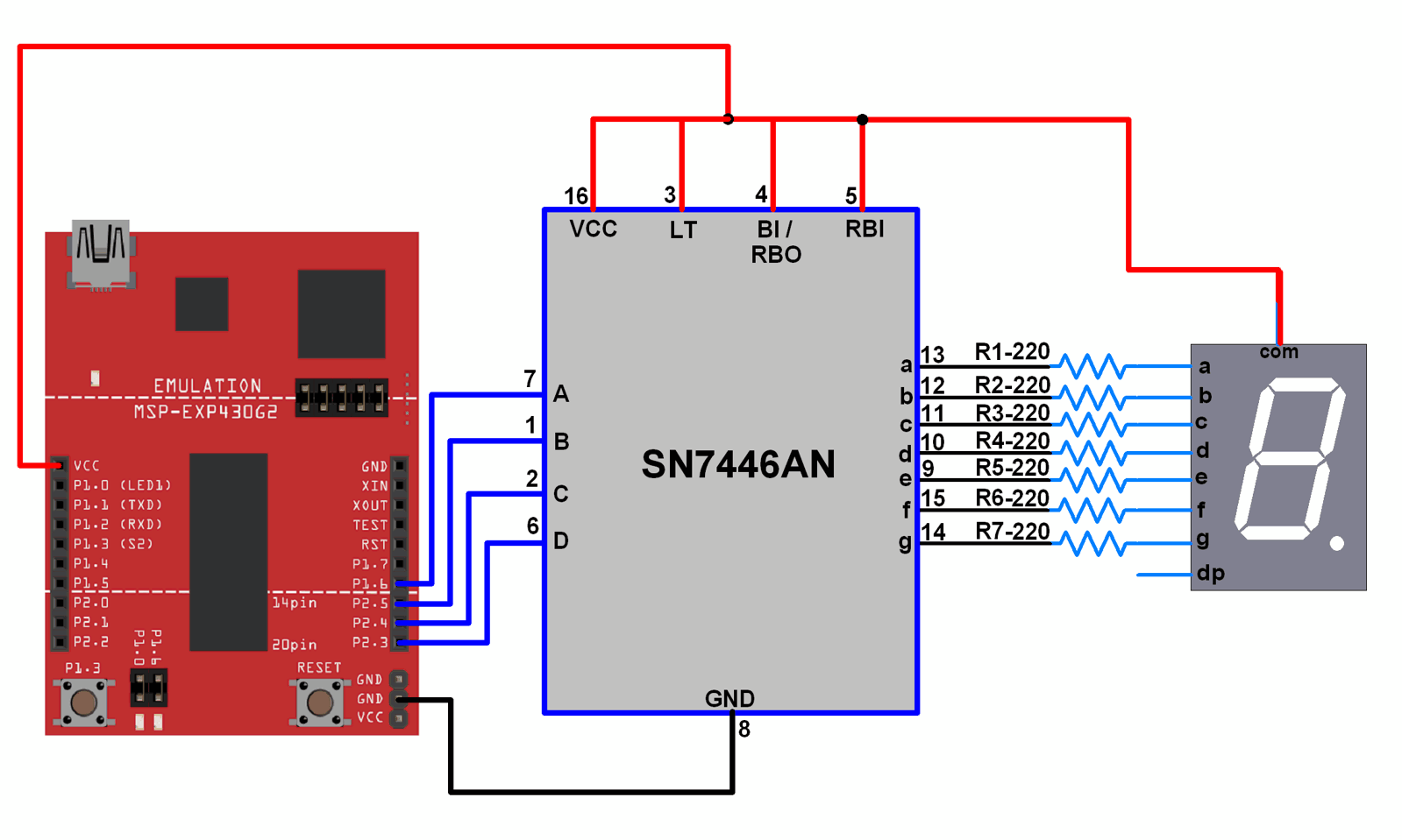 Interfacing 7-Segment Display Using SN7446AN Driver with MSP-EXP430G2 TI Launchpad