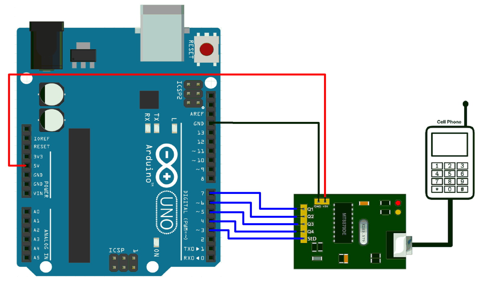 Interfacing MT8870 DTMF Decoder Module with Arduino UNO