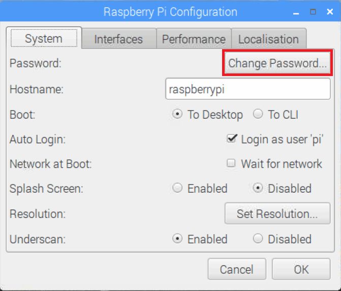 Pi password change option