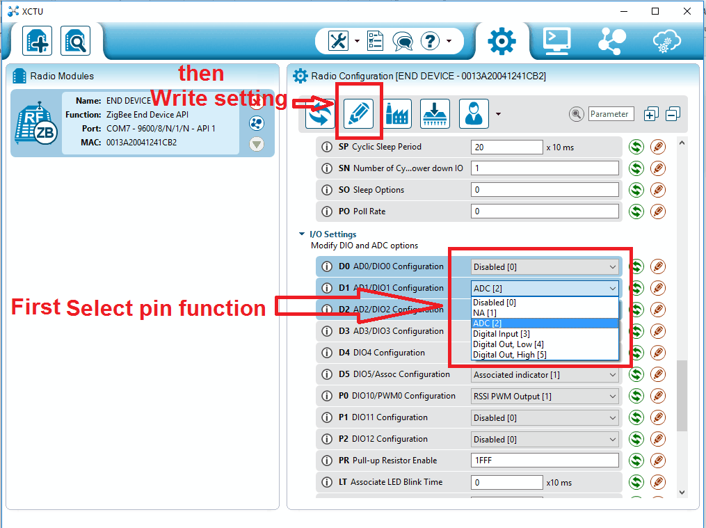 Configuring XBee Pin functions