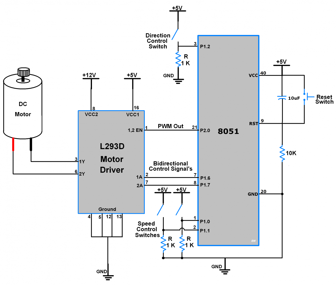 Connection of DC motor to 8051 using Motor Driver IC L293D