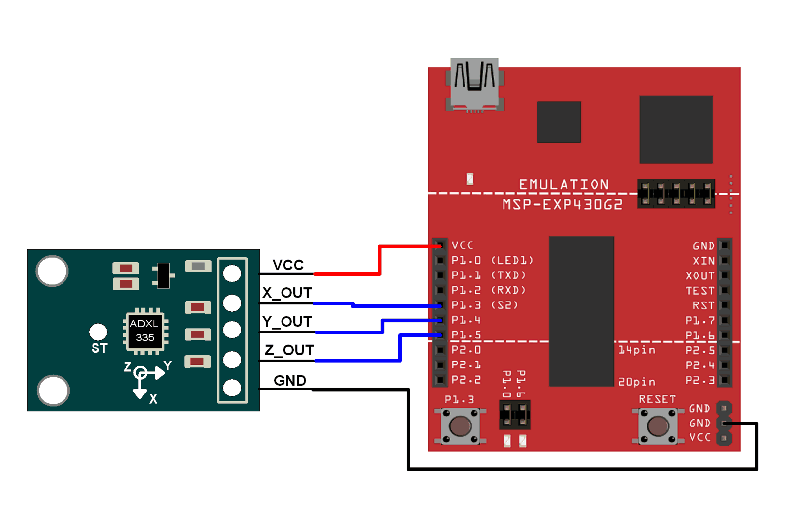 Interfacing ADXL335 Accelerometer Module With MSP-EXP430G2 TI Launchpad