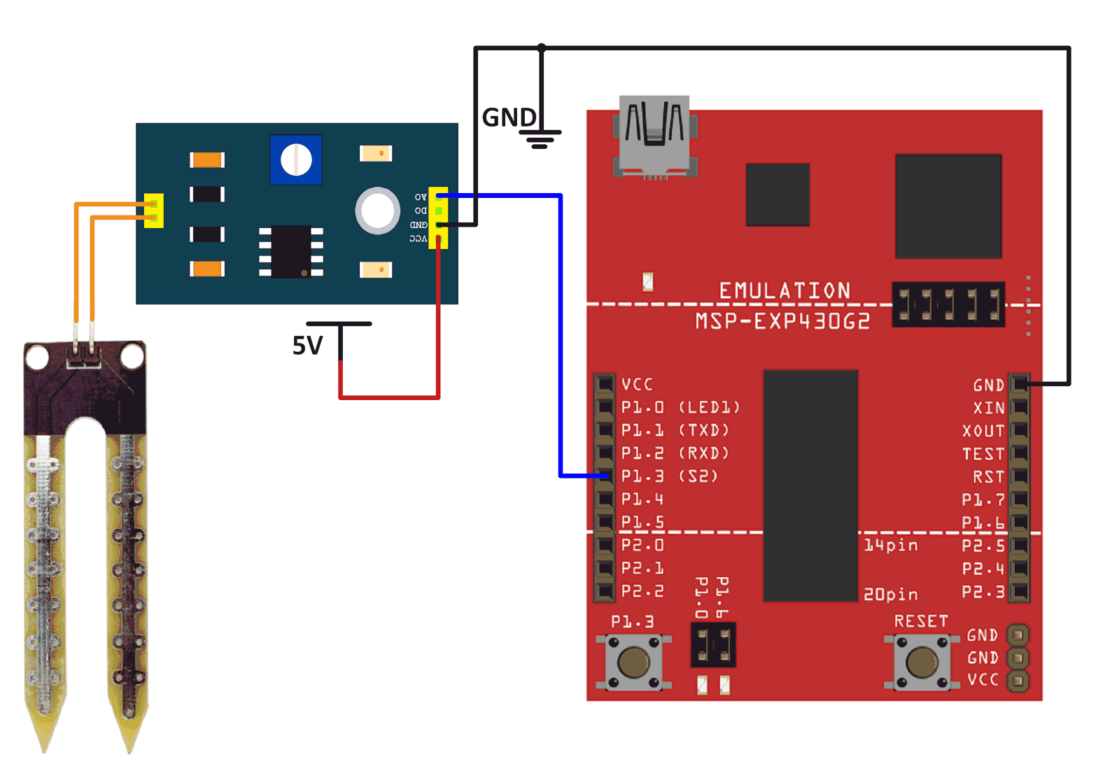 Interfacing Soil Moisture Sensor With MSP-EXP430G2 TI Launchpad