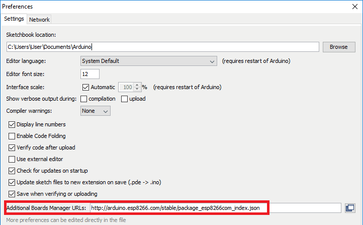 Arduino IDE Preferences window