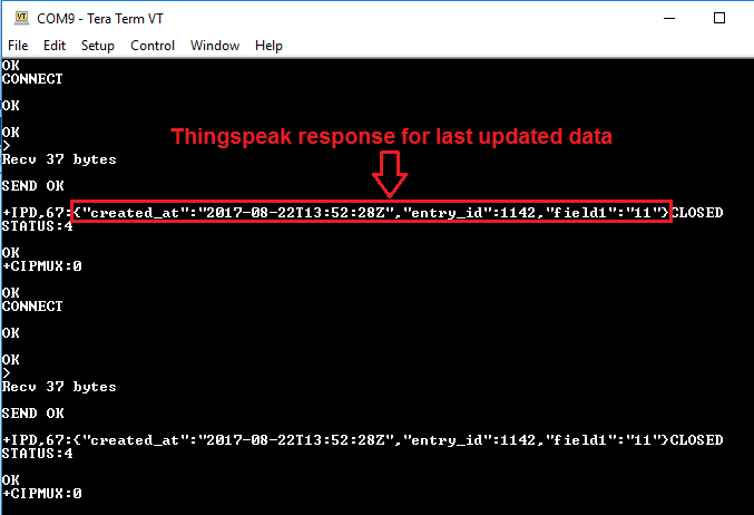thingspeak response for TCP receive command