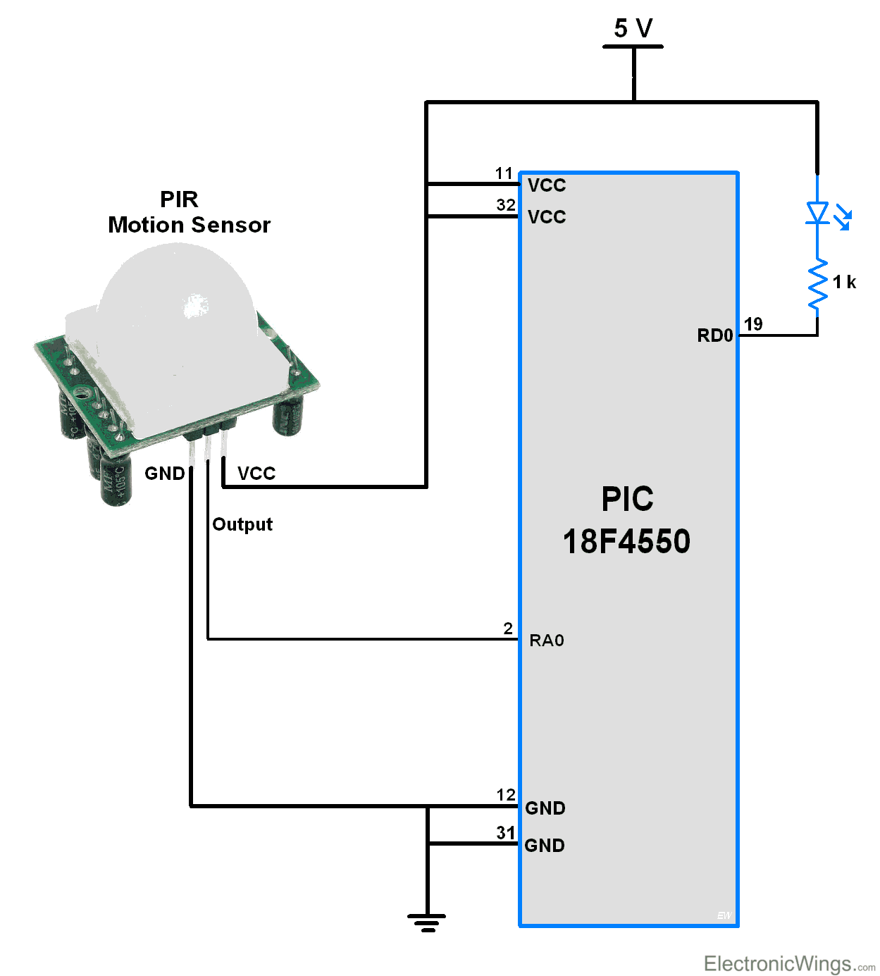 This is the picture of PIR Interfacing with PIC microcontroller