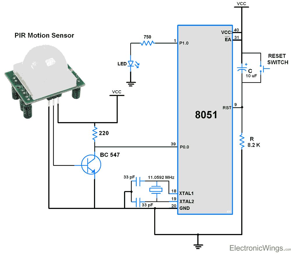 PIR Motion Sensor connected 8051 and output signal using Transistor