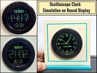 Oscilloscope Clock Simulation on a Round ESP32 Display